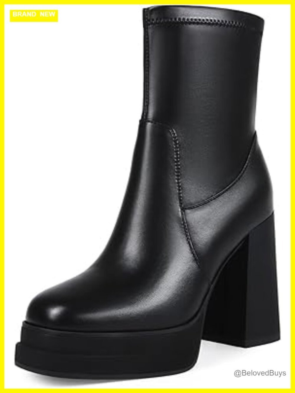 Faux Leather Platform Ankle Boots Chunky Heel Square Toe Stretchy Combat Booties